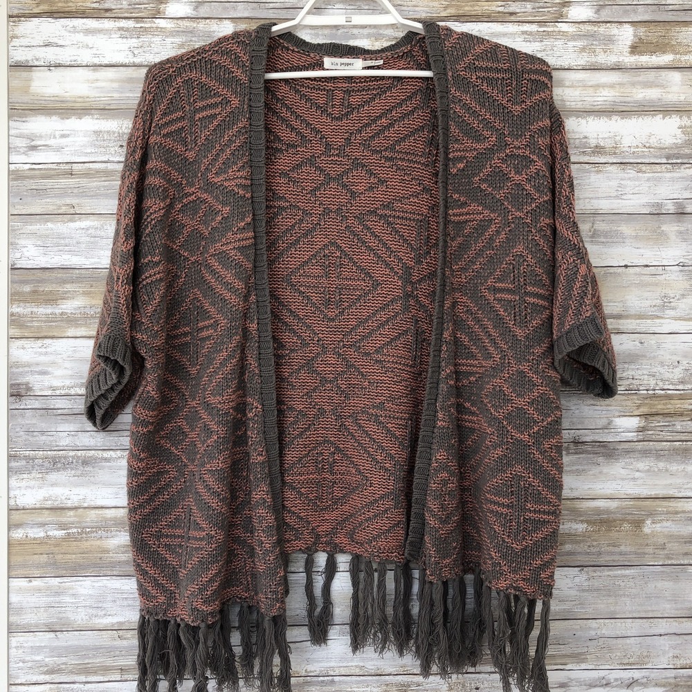 Blu Pepper Womens‎ Sweater Cardigan Sz M S/S Aztec Print Open Front Fringe Hem